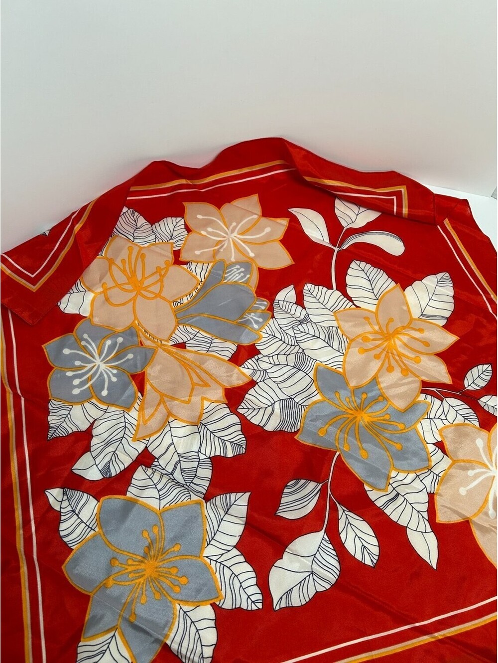 Vintage Floral Square Scarf Red Border Striped Frame 100% Twill Acetate Japan